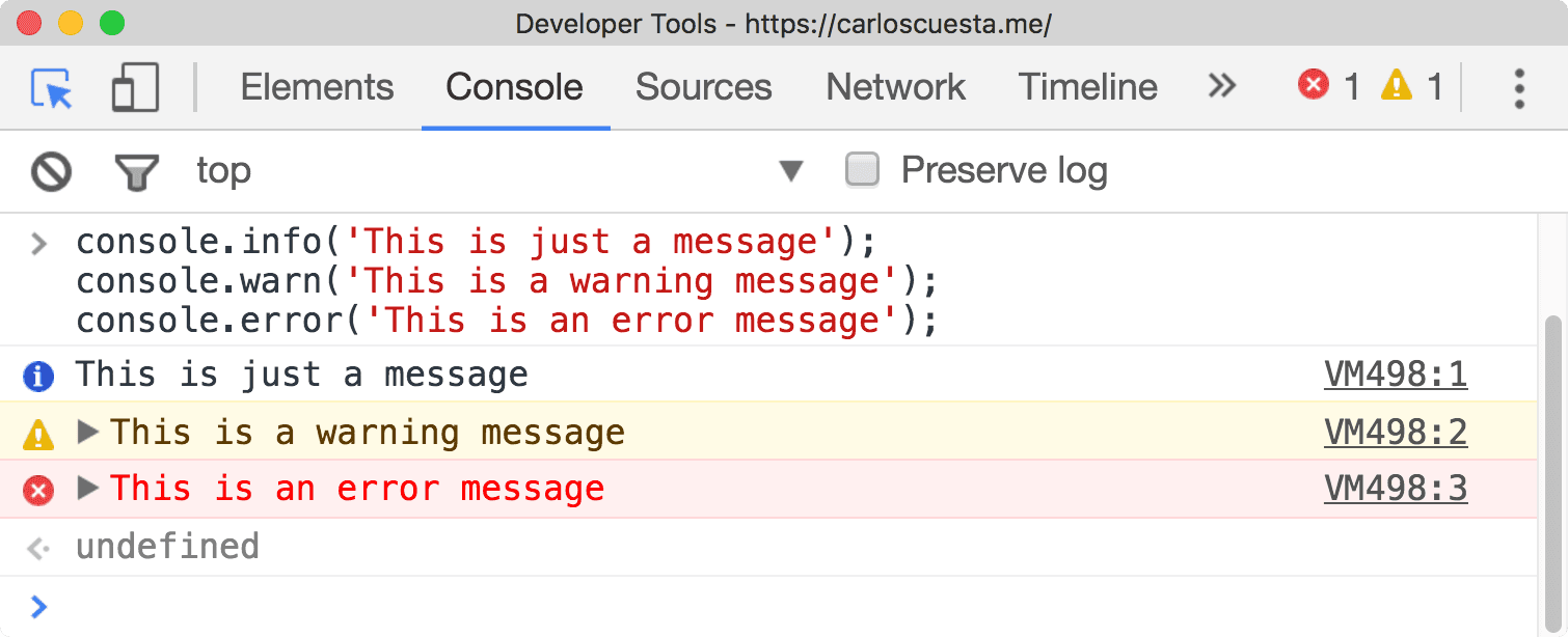 javascript console log error warn